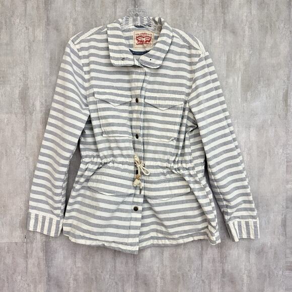 Levi's Jacket Womens Large Snap Buttons Pockets Blue Striped Cotton Beach Comber - Picture 1 of 16